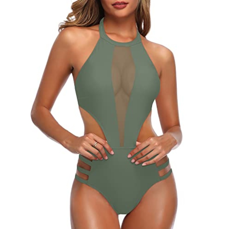 Supportive Padded Push Up Cutout One Piece Swimsuit For Women-Olive Green