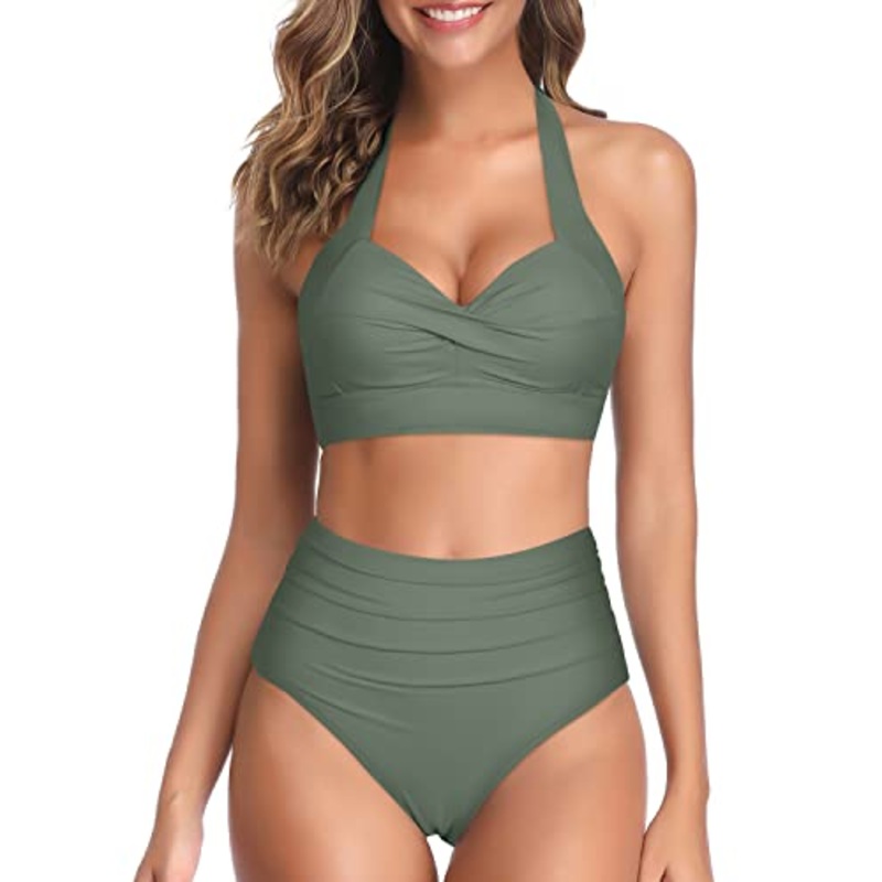 Trendy High Waist Swimsuit Two Piece Halter Bikini For Women-Army Green