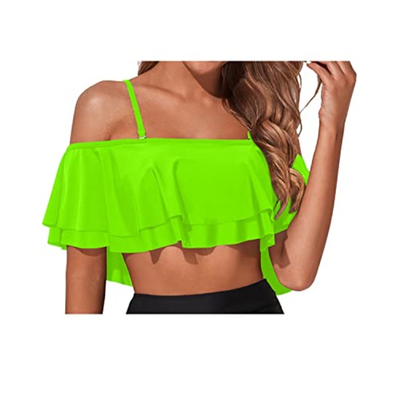 Trendy Padded Bikini Top Off Shoulder Swim Top-Neon Green