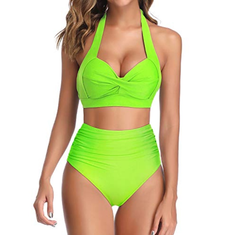 Two Piece Adjustable Self-Tie Halter Neck Women's Bikini Swimsuits-Neon Green