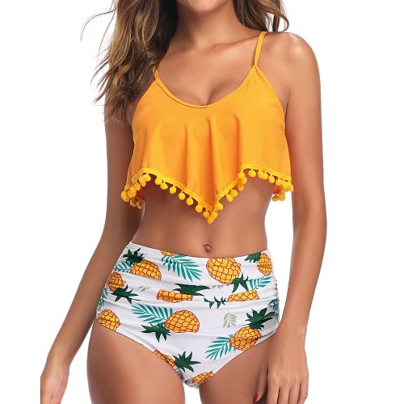 Two Piece Bathing Suit Tropical Prints Ruffle Swimsuit For Women-Yellow Pineapple