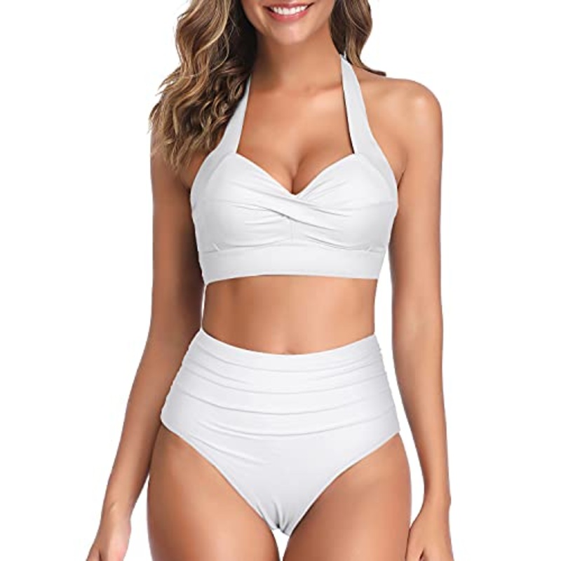 Two Piece Halter Ruched Highwaist Bikini Adjustable Straps Bathing Suit-White
