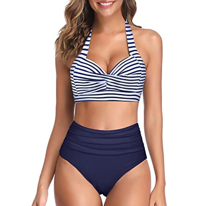 Two Piece Halter Ruched Highwaist Bikini Bathing Suit-Blue White Stripe