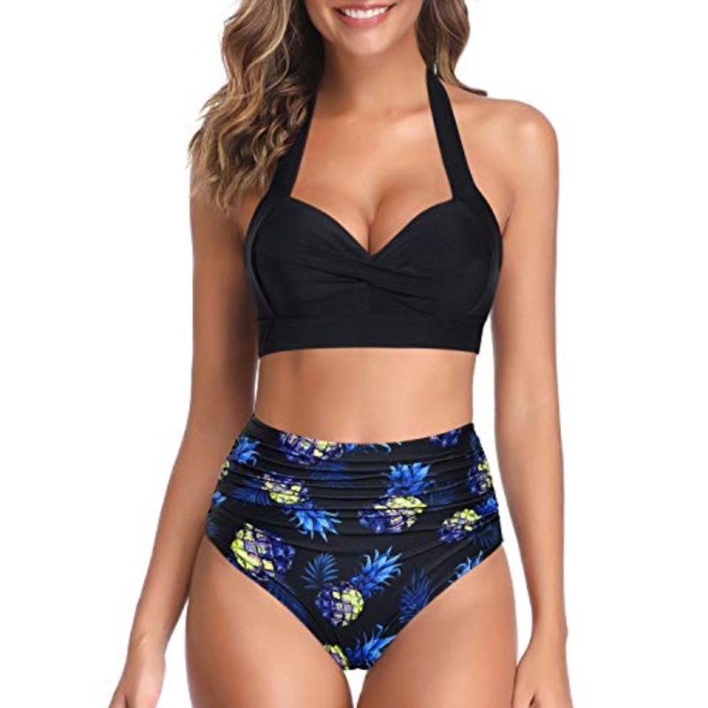 Two Piece High Waist Bikini Women's Bikini Swimsuits-Black Pineapple