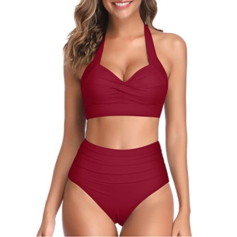 Two Piece Push Up Bra Adjustable Straps High Cut Bikini-Red