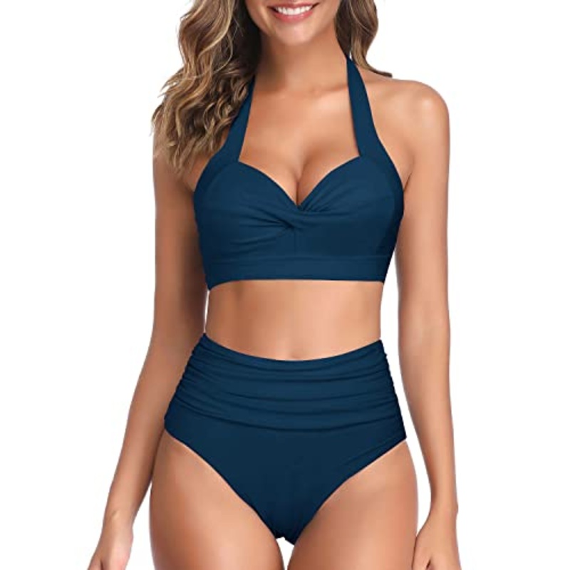 Two Piece Self-Tie Halter Neck Pleated Front Panel Push Up Bikini-Teal