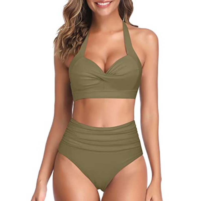 Two Piece Vintage Ruched High Waist Bikini Set For Women-Olive Green