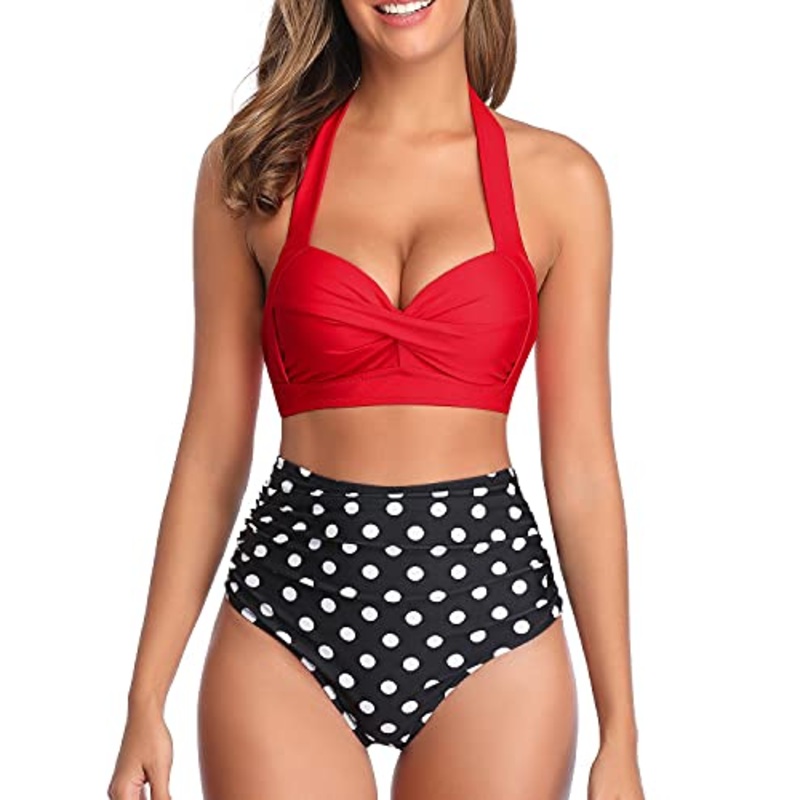 Two Piece Vintage Swimsuit High Cut Bikini Bottom-Red Dot