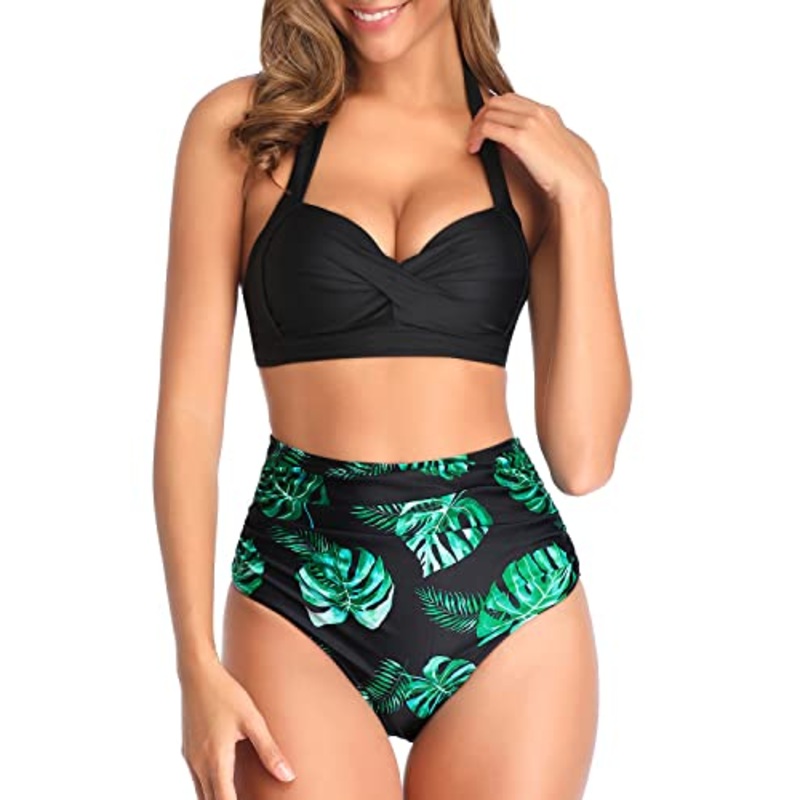 Two Piece Vintage Swimsuit Vintage High Waisted Bikini-Black Leaf