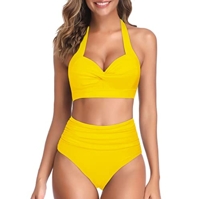 Vintage Halter Ruched High Waist Swimsuit Sets For Women-Neon Yellow