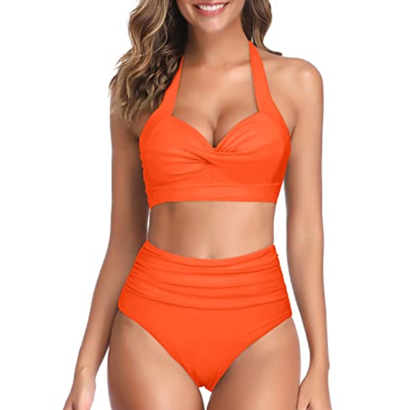 Vintage Halter Ruched Highwaist Bikini Self-Tie Neck Bathing Suit-Neon Orange