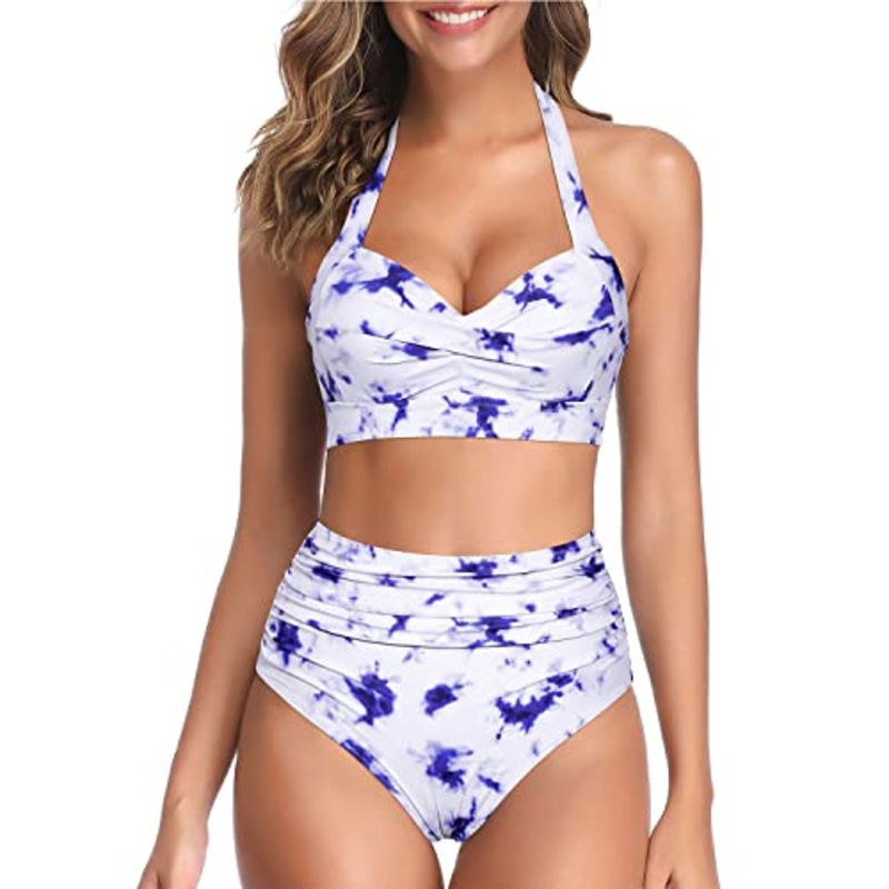 Vintage High Waist Bikini Set Push Up Top For Women-Blue Tie Dye