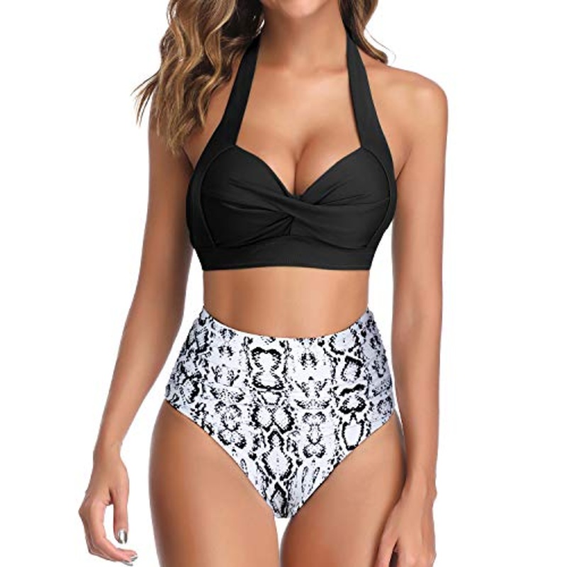 Vintage Swimsuit Halter Ruched Highwaist Bikini Bathing Suit-Black Snake