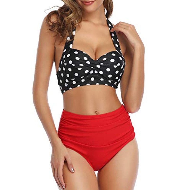 Vintage Swimsuit Retro Ruched High Waist Two Piece Halter Bikini For Women-Red Dot