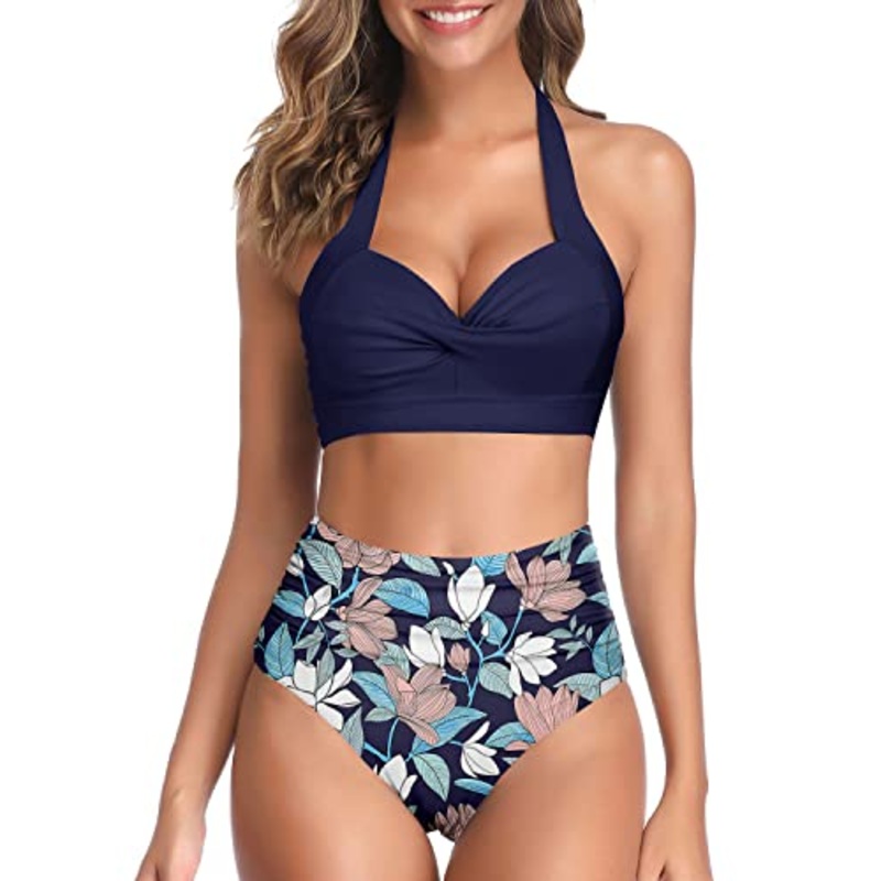 Vintage Two Piece Bikini Set Women's Bikini Swimsuits-Blue Flowers