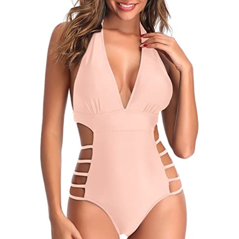 Women's One Piece Swimsuits High Leg Cut Out String Swimwear-Light Pink