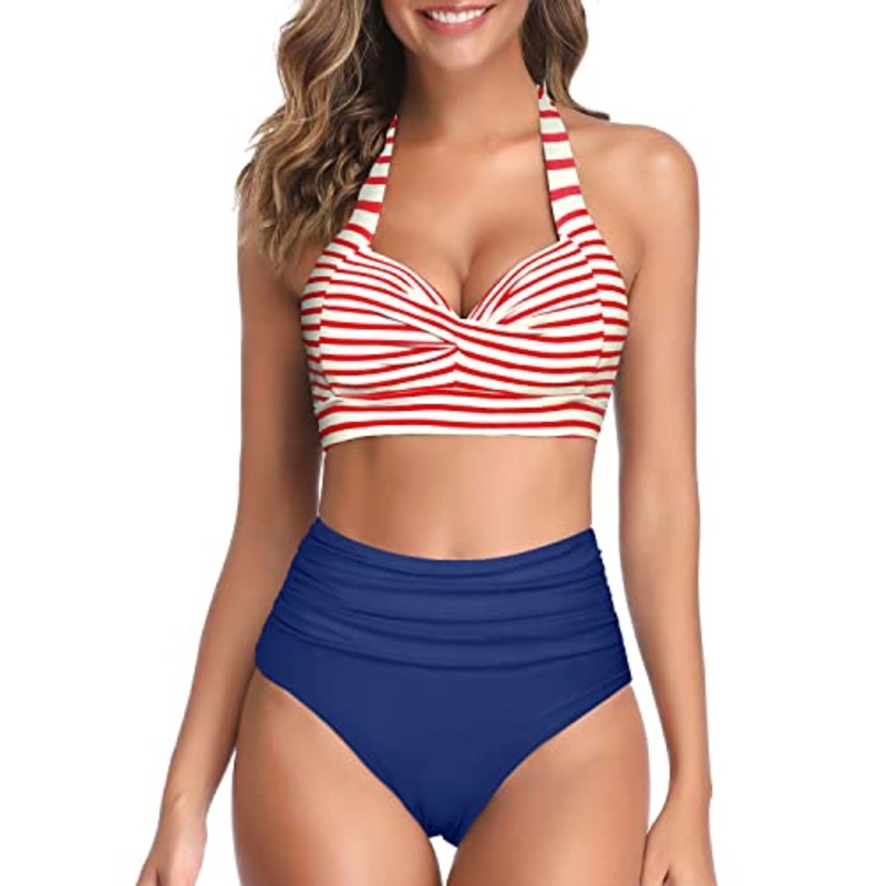 Women's Retro Halter Ruched Highwaist Bikini Bathing Suit-Red White Blue