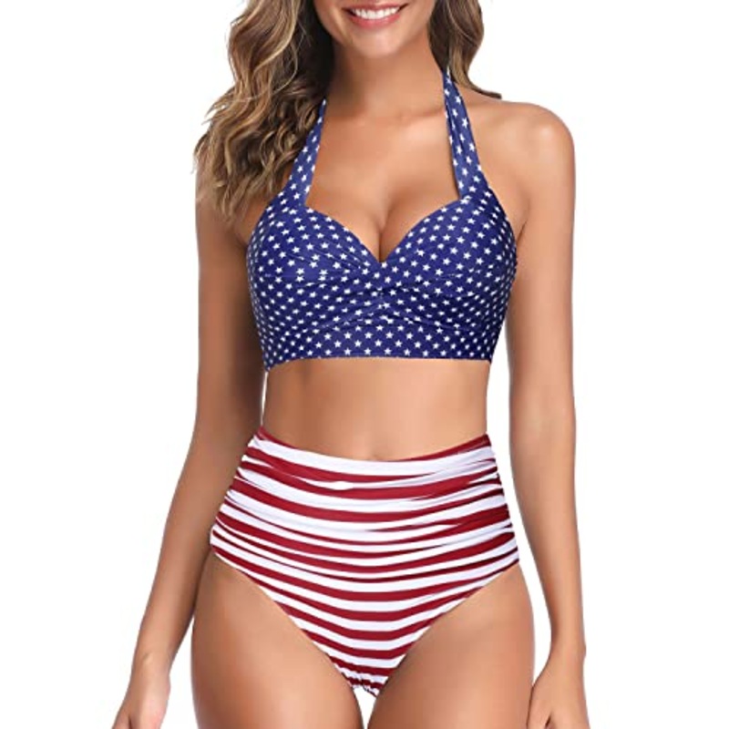 Women's Retro Halter Ruched Vintage High Waisted Bikini-Flag