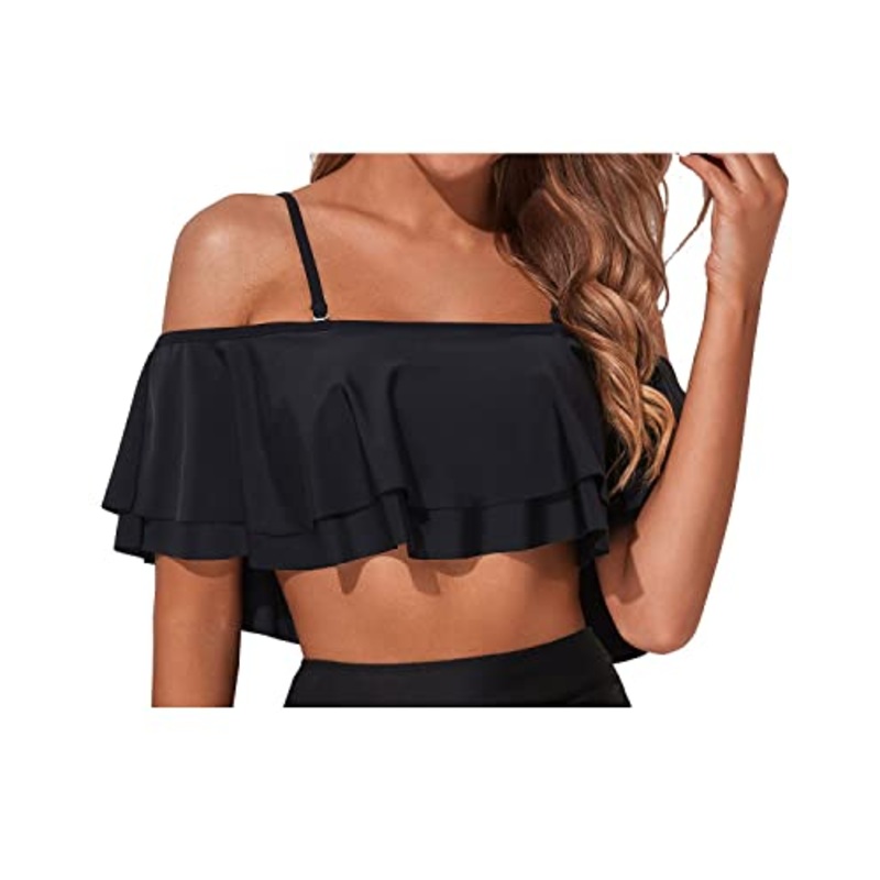 Women's Ruffle Bikini Top Removable Shoulder Straps-Black