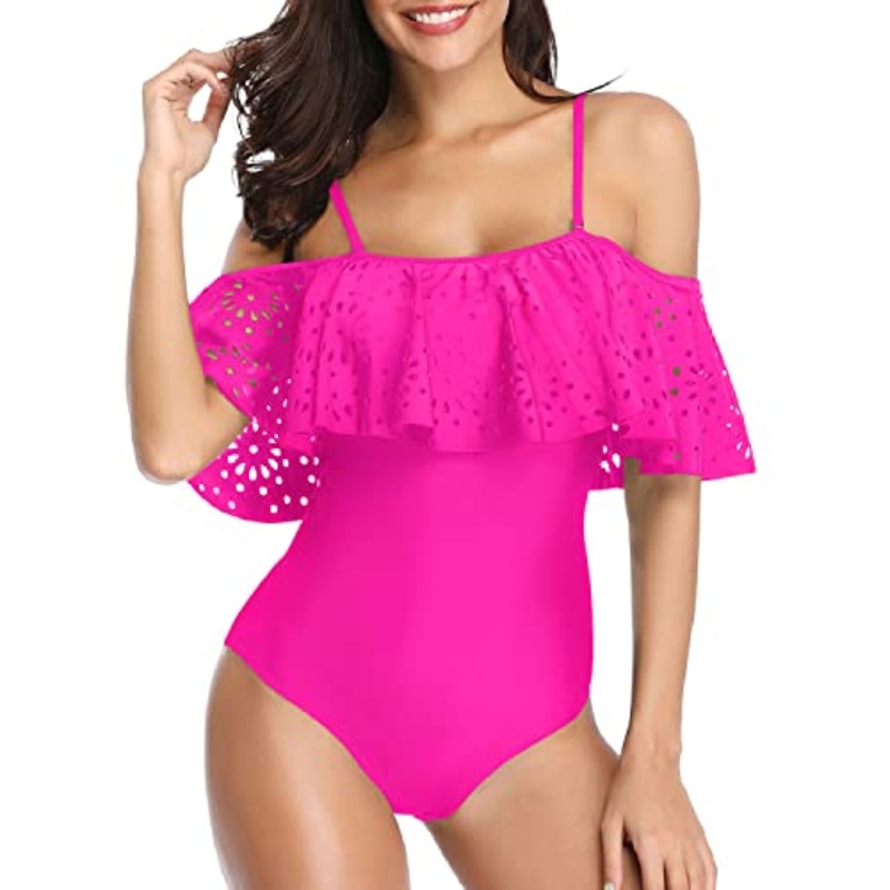 Women's Ruffle Flounce Hollow Bathing Suit Lace Detail Tummy Control Swimwear-Neon Pink