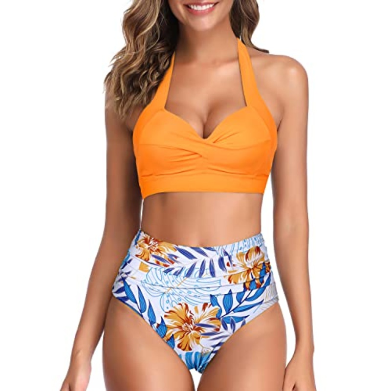 Women's Two Piece Highwaist Bikini Bathing Suit Figure-Flattering Pleated Front Panel-Yellow Floral