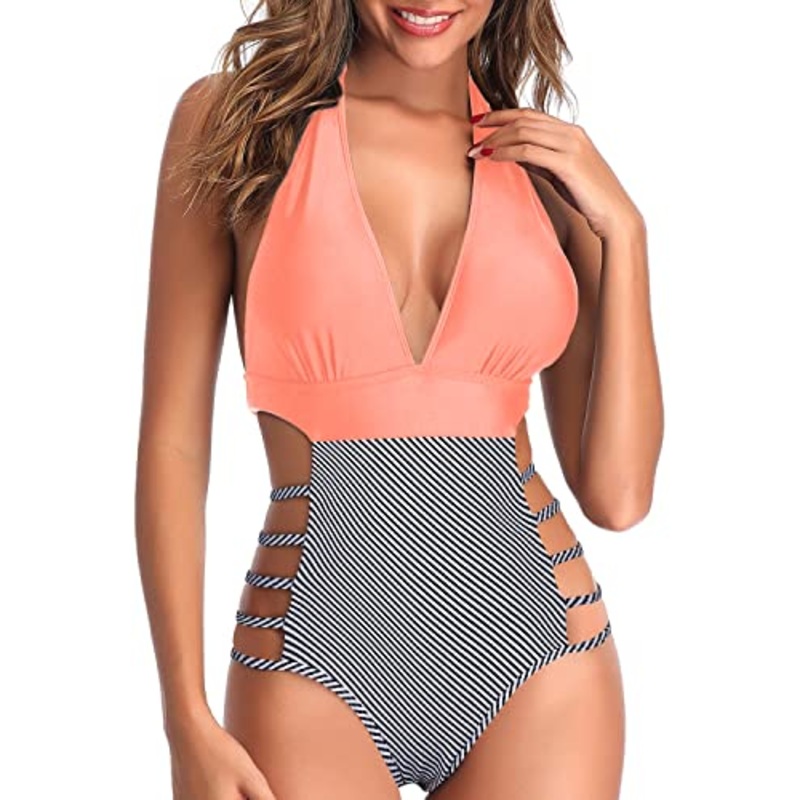 Women Sexy One Piece Swimsuits Cutout Monokini Plunge V Neck Halter Bathing Suits-Coral Pink Stripe