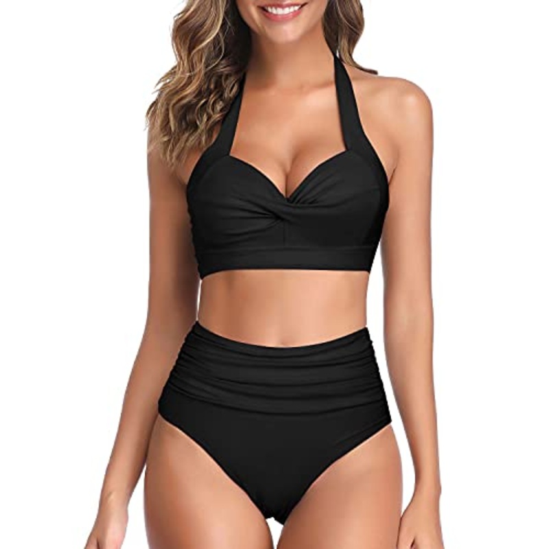 Women Two Piece Vintage Swimsuit Halter Ruched High Waist Bikini-Black