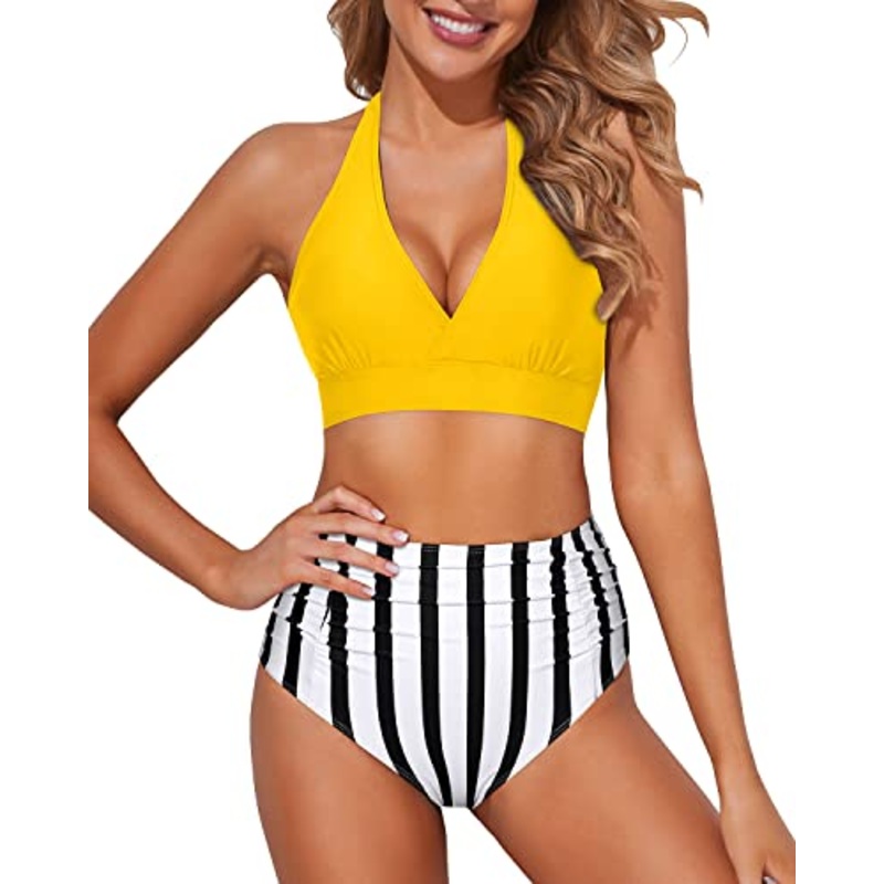 Adjustable Halter Top Bikini Set Women's Bikini Swimsuits-Yellow And Stripe