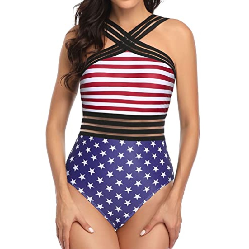 Bathing Suit Front Crossover Swimwear Crisscross One Piece Swimsuit-National Flag