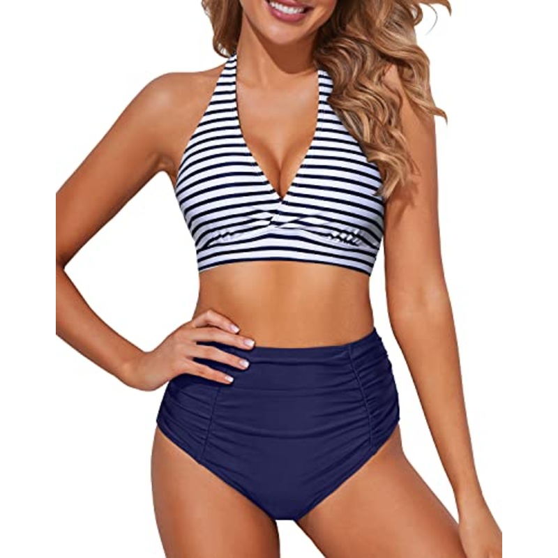 Charming Tummy Control Two Piece High Waisted Bikini Set-Blue White Stripe