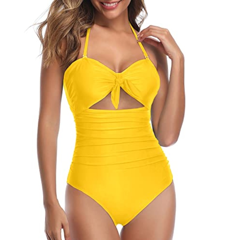 Chic High Waisted Halter Front Tie Knot One Piece Cutout Swimsuits-Neon Yellow