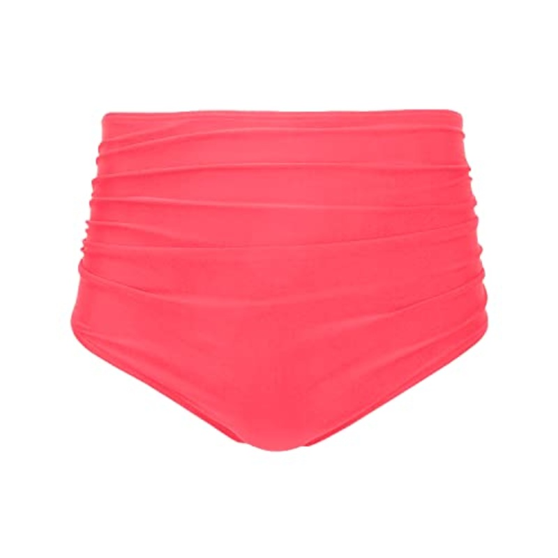 Chic Women High Waisted Bikini Bottom Retro Ruched Swim Short-Pinkish Red