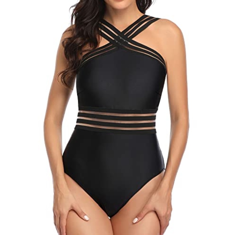 Comfy Shoulder Strap Crisscross One Piece Swimsuit-Black