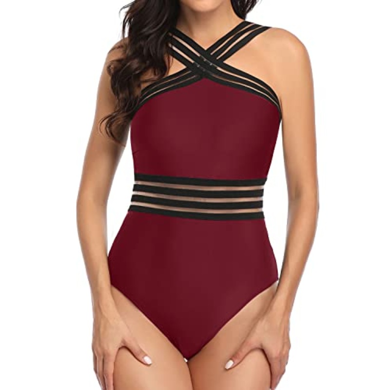 Crisscross Mesh Straps Swimwear One Piece Tummy Control Bathing Suit-Maroon