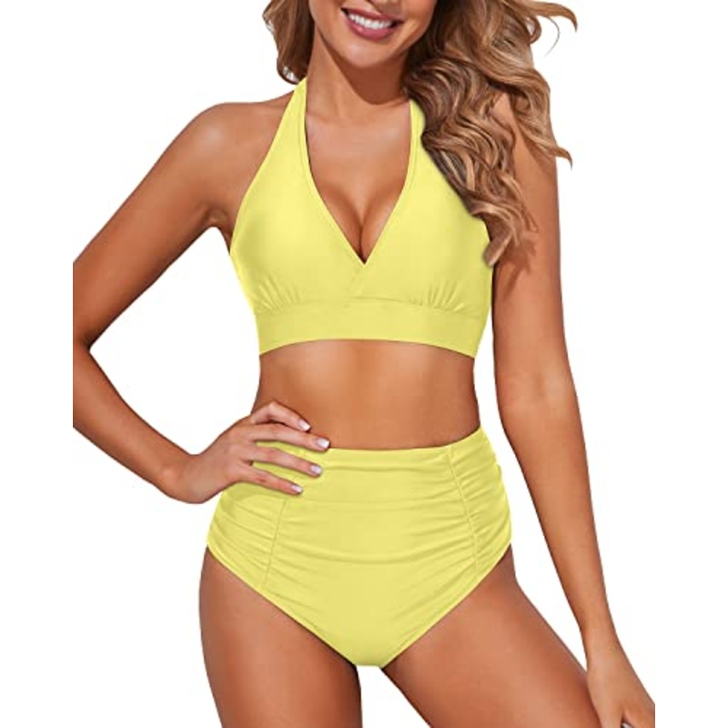 Double Buckles Self-Tie Halter Bikini Set For Women-Yellow