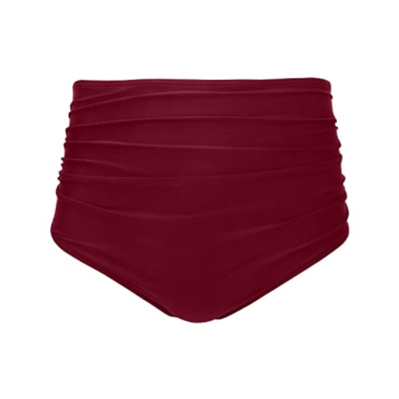 Feminine Retro Ruched Swim Short Shirred Tankinis Brief-Maroon