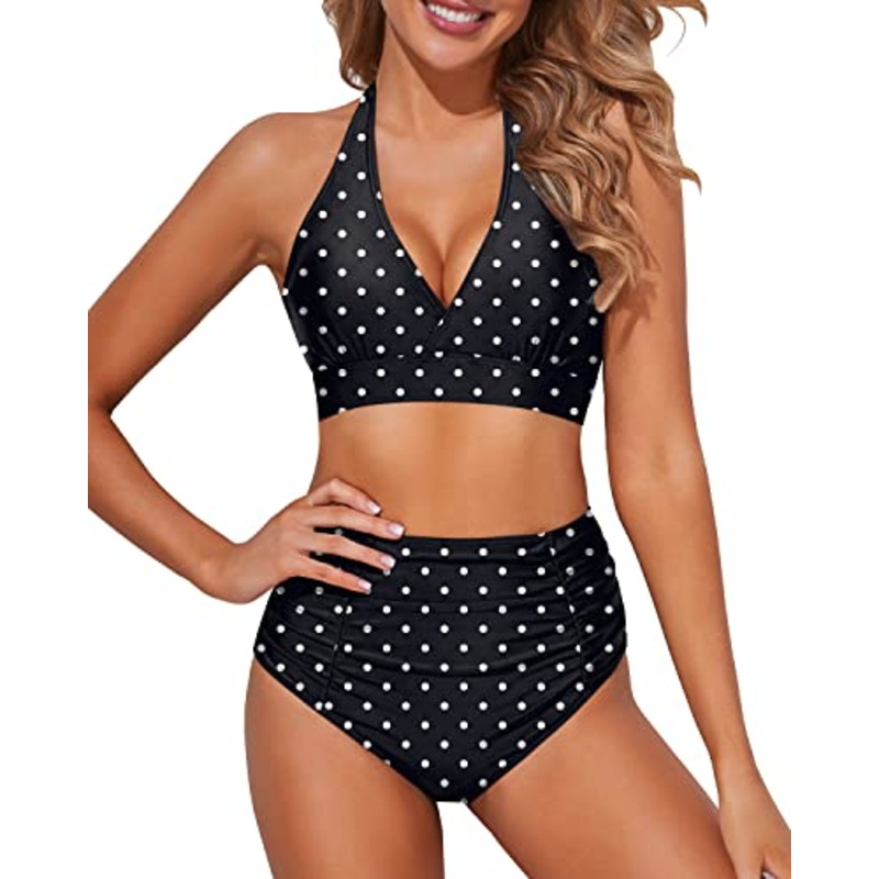Figure Flattering Two Piece High Waisted Bikini Set-Black Dot