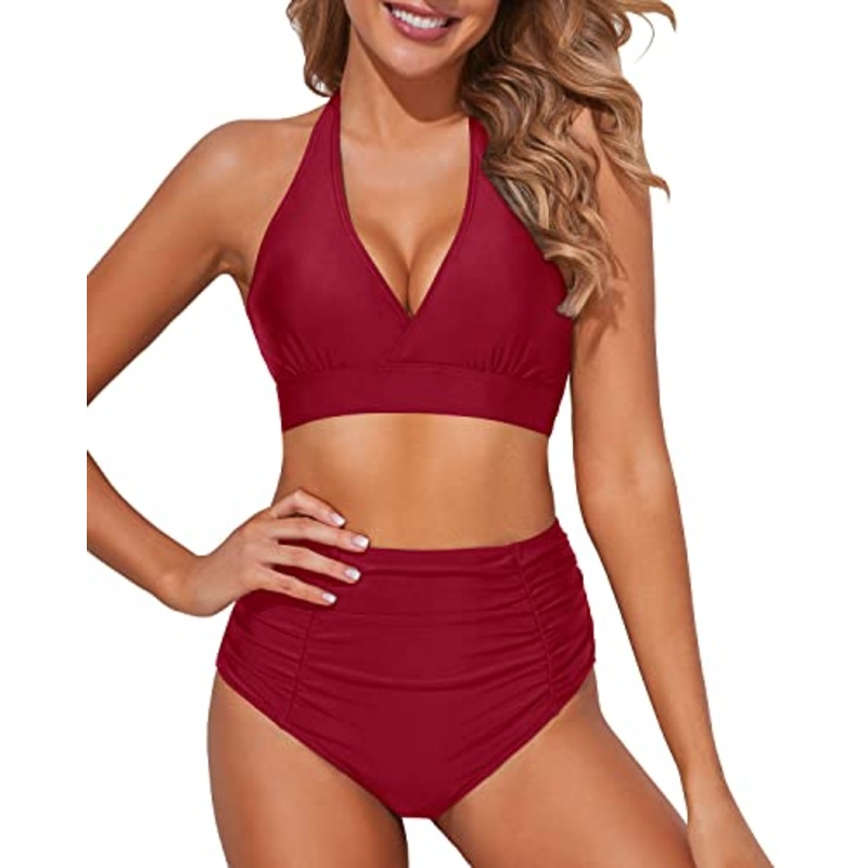 Flattering Ruched High Waisted Two Piece Bikini Set For Women-Red