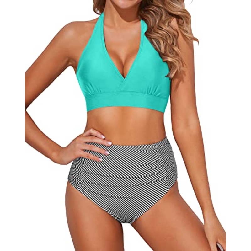 Flattering Two Piece Bikini Set High Waisted Bottoms 2 Piece Bikini Bathing Suits-Aqua Stripe