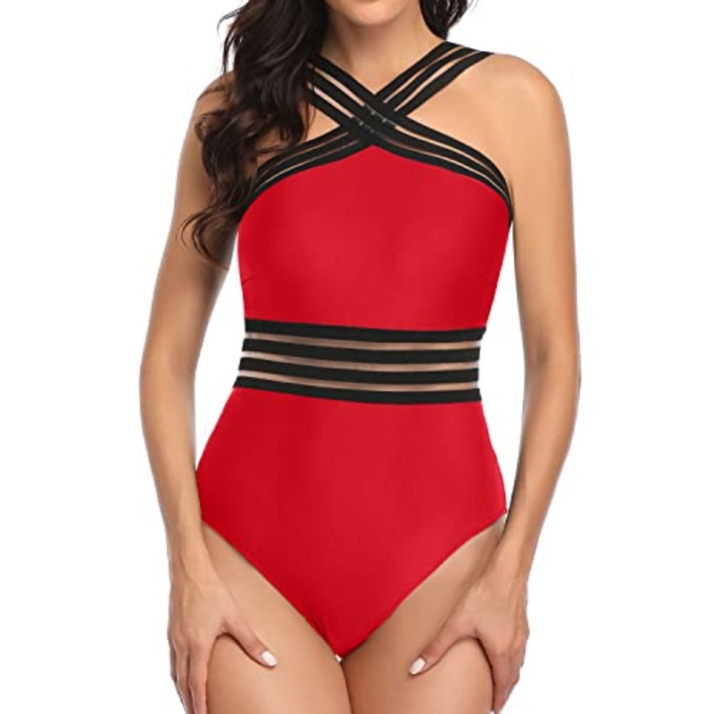 Front Crossover Strap Crisscross One Piece Swimsuit-Red