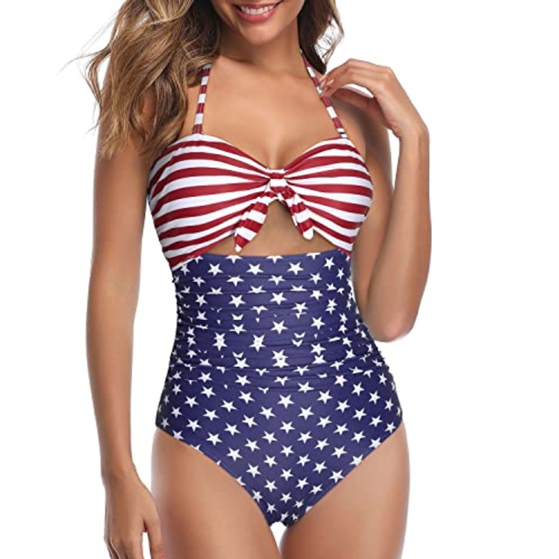 Front Tie Knot Bathing Suit Sexy Cutout One Piece Swimsuits-National Flag