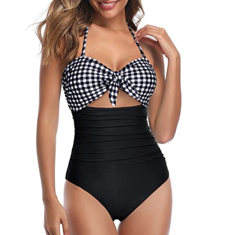 Halter Front Tie Knot Bathing Suit Retro High Waist Swimsuits-Black And White Checkered