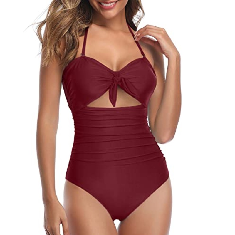 Halter Front Tie Knot Bathing Suit Tummy Control One Piece Swimsuits-Maroon