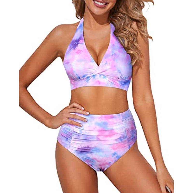 Halter Push Up Tummy Control Two Piece Bikini Set For Women-Color Tie Dye