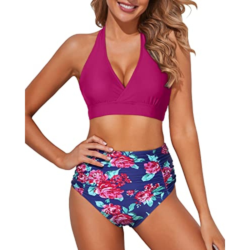 Halter Self-Tie Two Piece High Waisted Bikini Set-Pink Floral