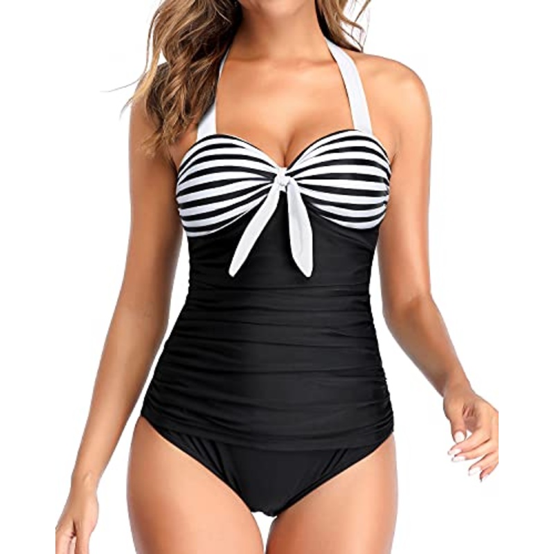 Halter Tummy Control Slimming One Piece Swimsuits-Black And White Stripe