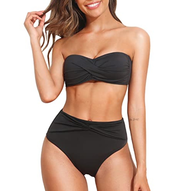 High Waisted Bikini Set Twist Bandeau Bathing Suits