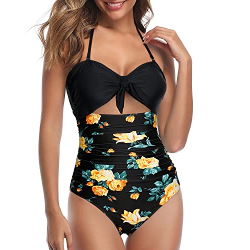 High Waisted Halter Front Tie Knot Retro High Waist Swimsuits-Black Floral