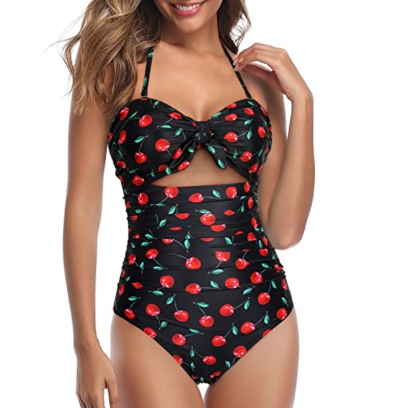 High Waisted Knot Bathing Suit Halter Backless One Piece Swimsuits-Black Cherry