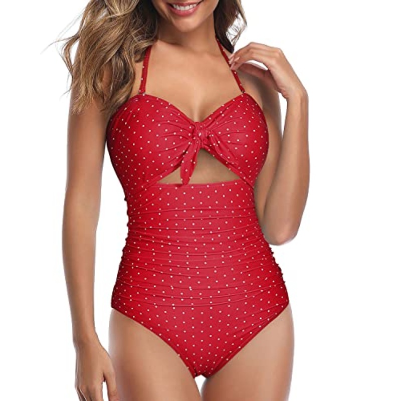 High Waisted Tummy Control Swimsuits Halter Backless One Piece Swimsuits-Red Dot